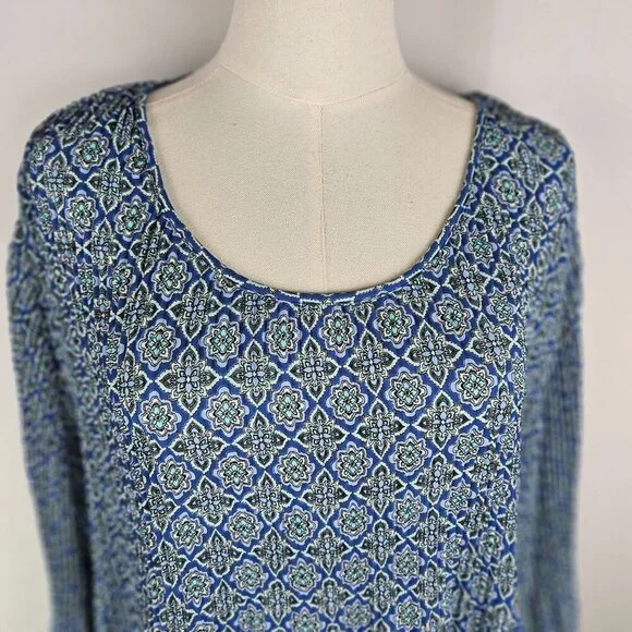 J. Jill Tunic Top XL Blue & Green Floral Paisley Crinkle Flounce Sleeve - Picture 2 of 11